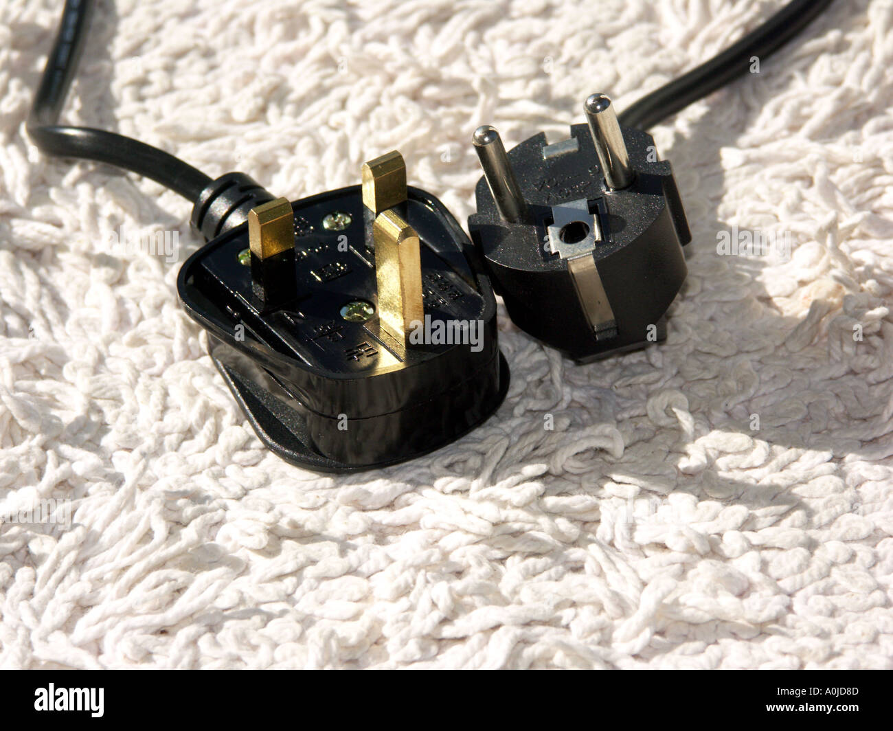 Standard British Three Pin and European Two Pin Electrical Plugs Stock