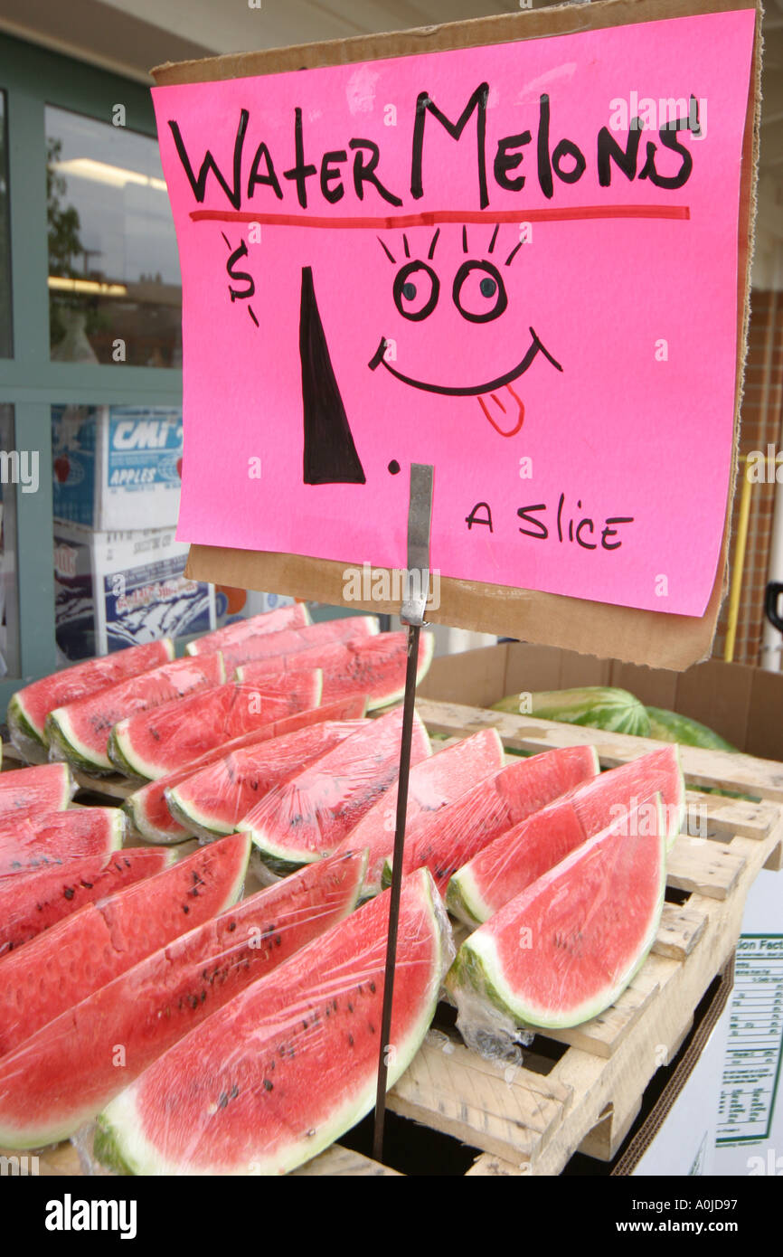 Cleveland Ohio,Westside Market,marketplace,watermelons,produce,fruit,vegetable,vegetables,food,information,message,advertise,banner,announcement,notic Stock Photo