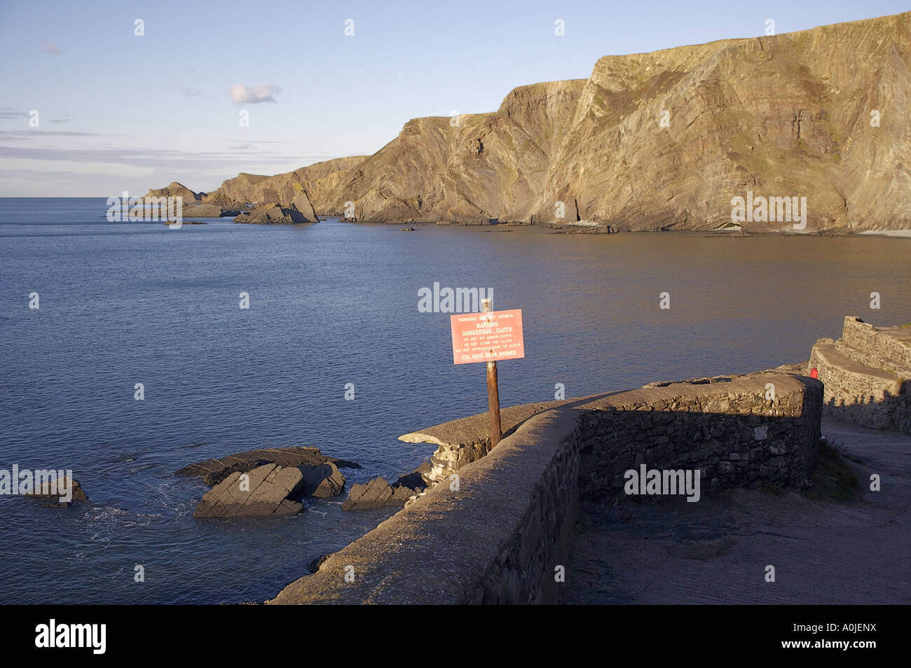 cliffs hartland point devon england sign about dangerous cliffs Stock ...