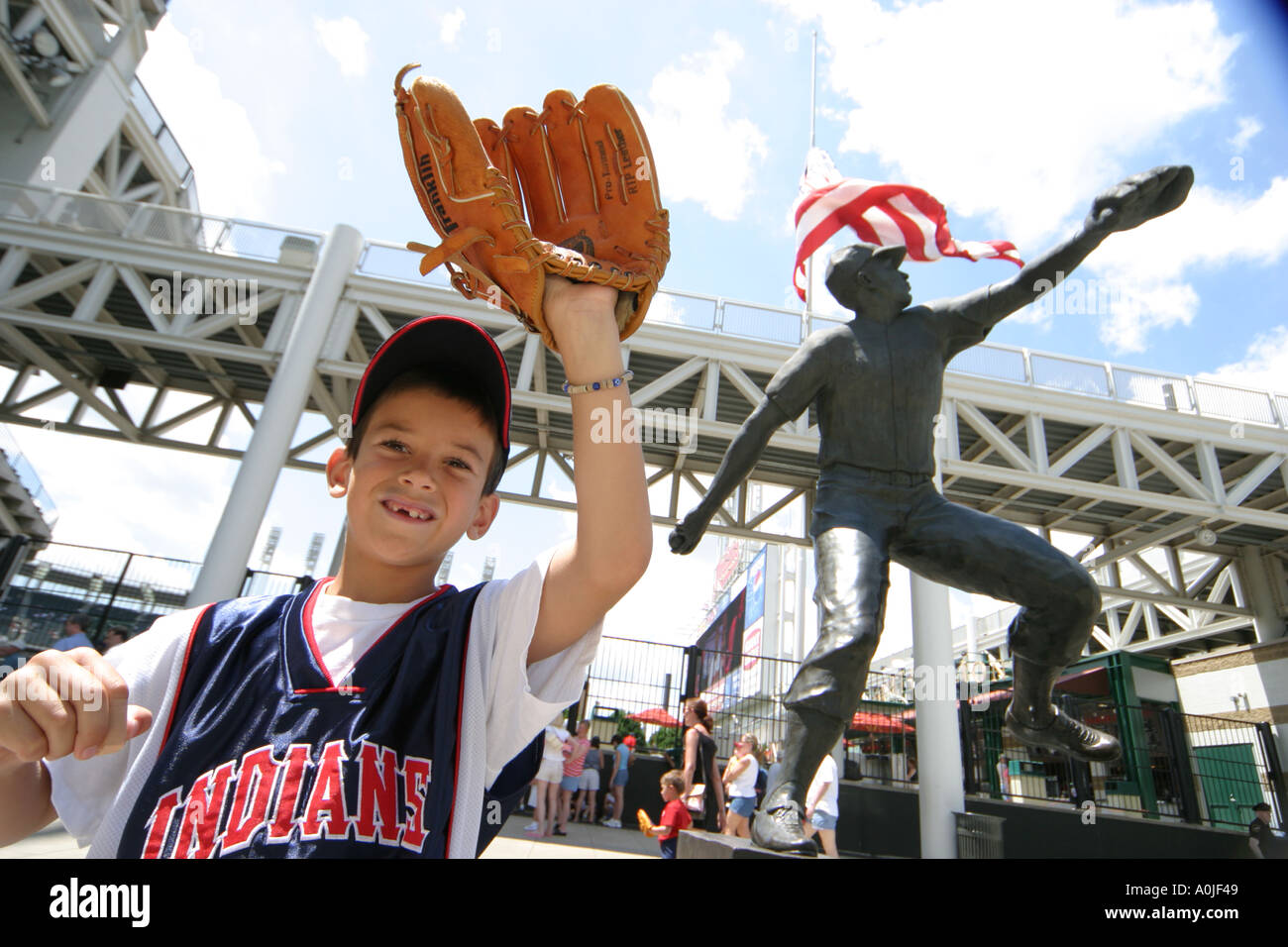 Cleveland Ohio,Jacobs Field,Cleveland Indians baseball,Bob Feller statue,public art,sculpture,young fan,OH0614040023 Stock Photo