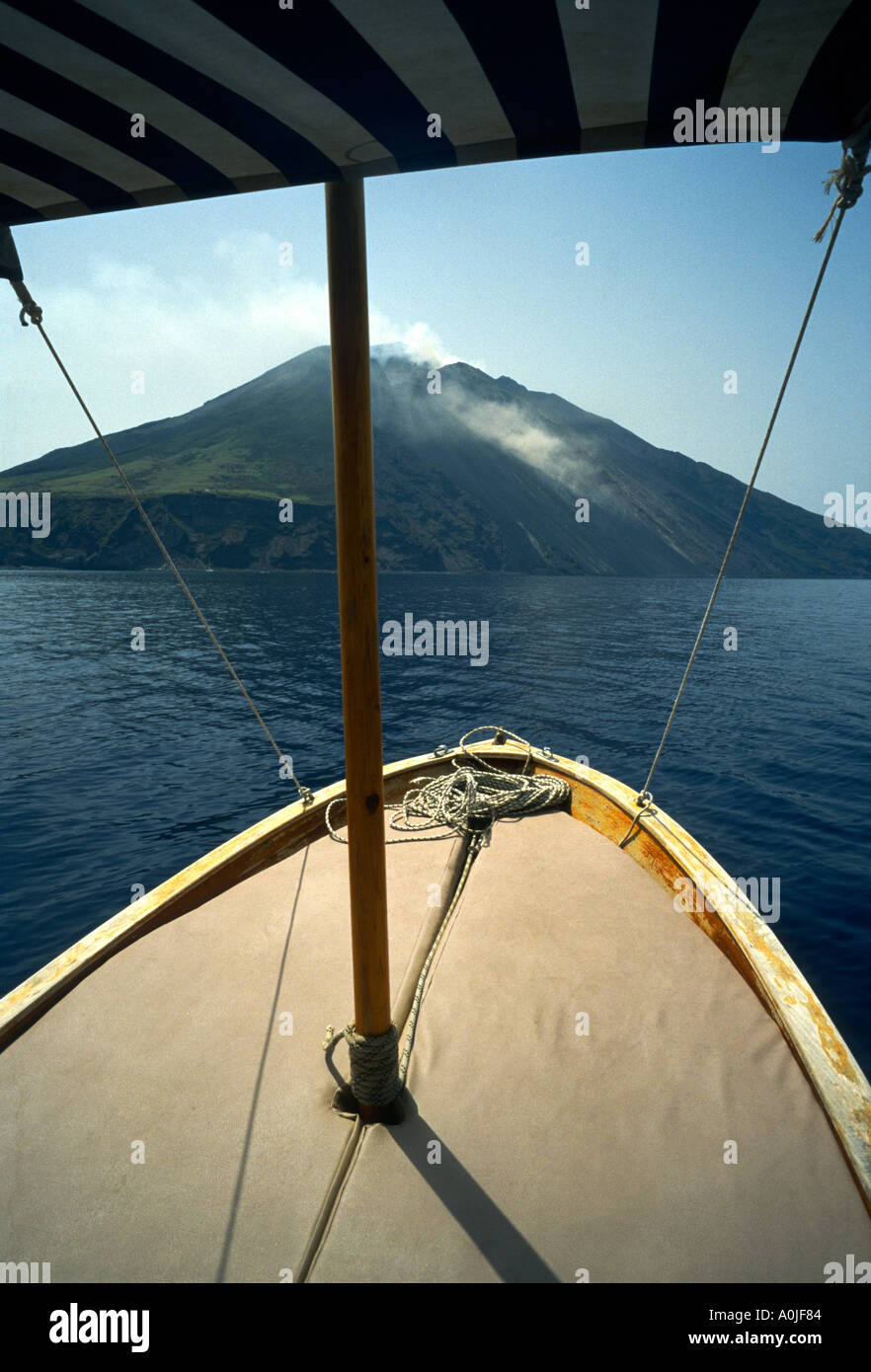 Italy Sicily Aeolie Stromboli View of the island showing the sciara del fuoco trail of fire Stock Photo