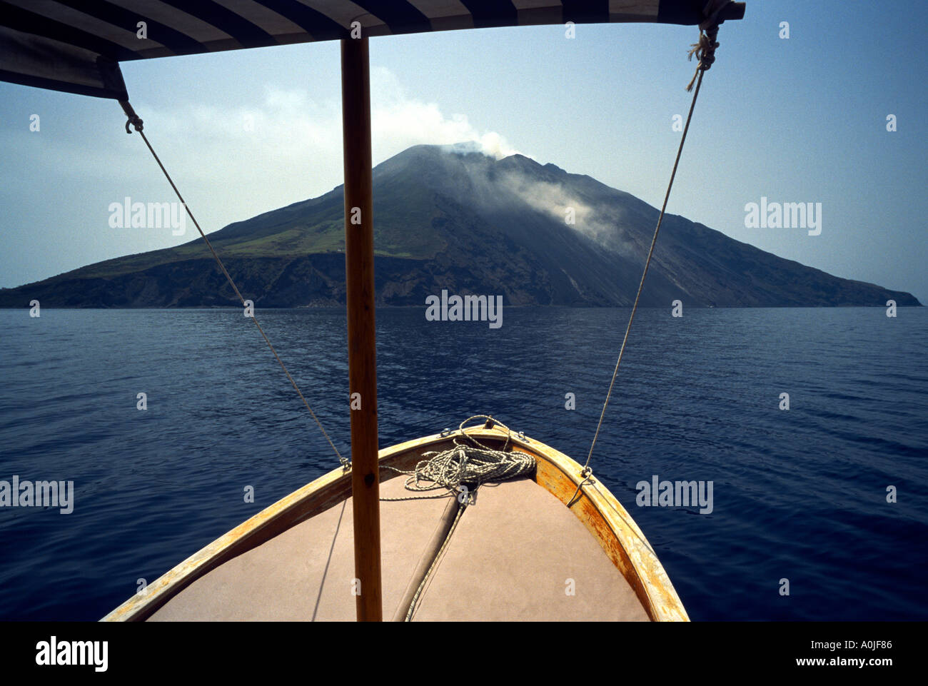 Italy Sicily Aeolie Stromboli View of the island showing the sciara del fuoco trail of fire Stock Photo