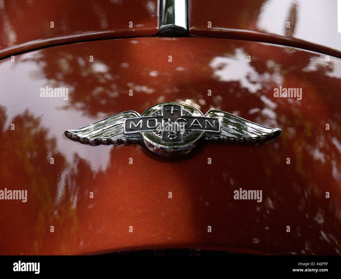 Chrome bonnet badge of a Morgan plus eight 8 classic car with the Morgan  name and wings Stock Photo - Alamy