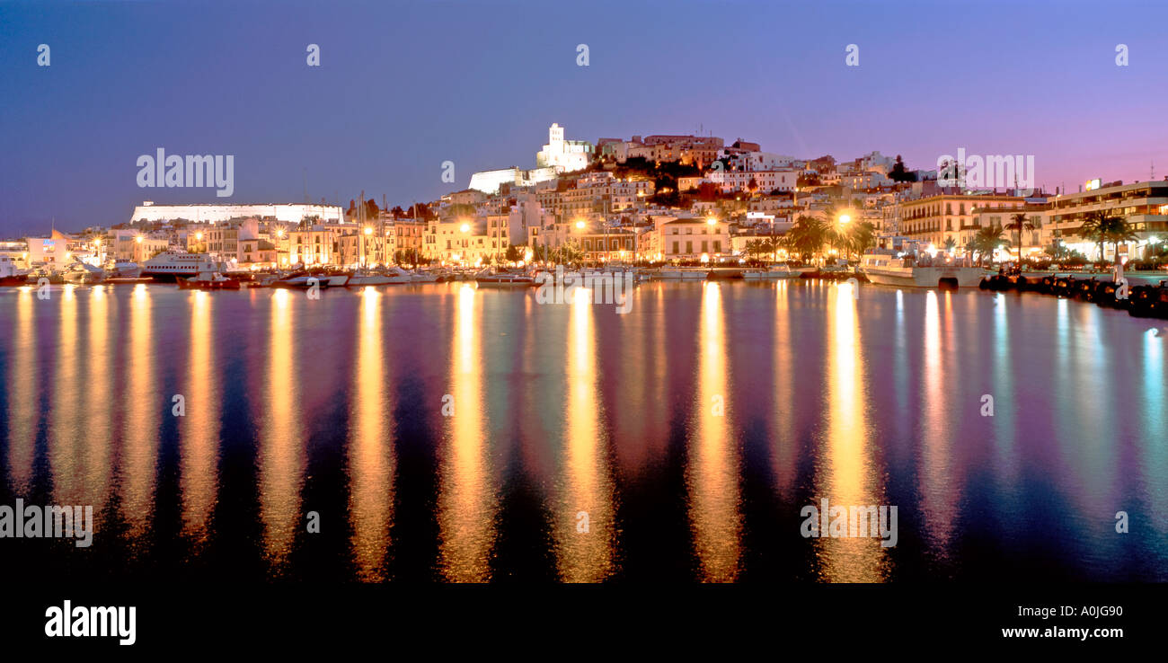 Spain Baleares island Ibiza skyline marina twilight panorama  Stock Photo