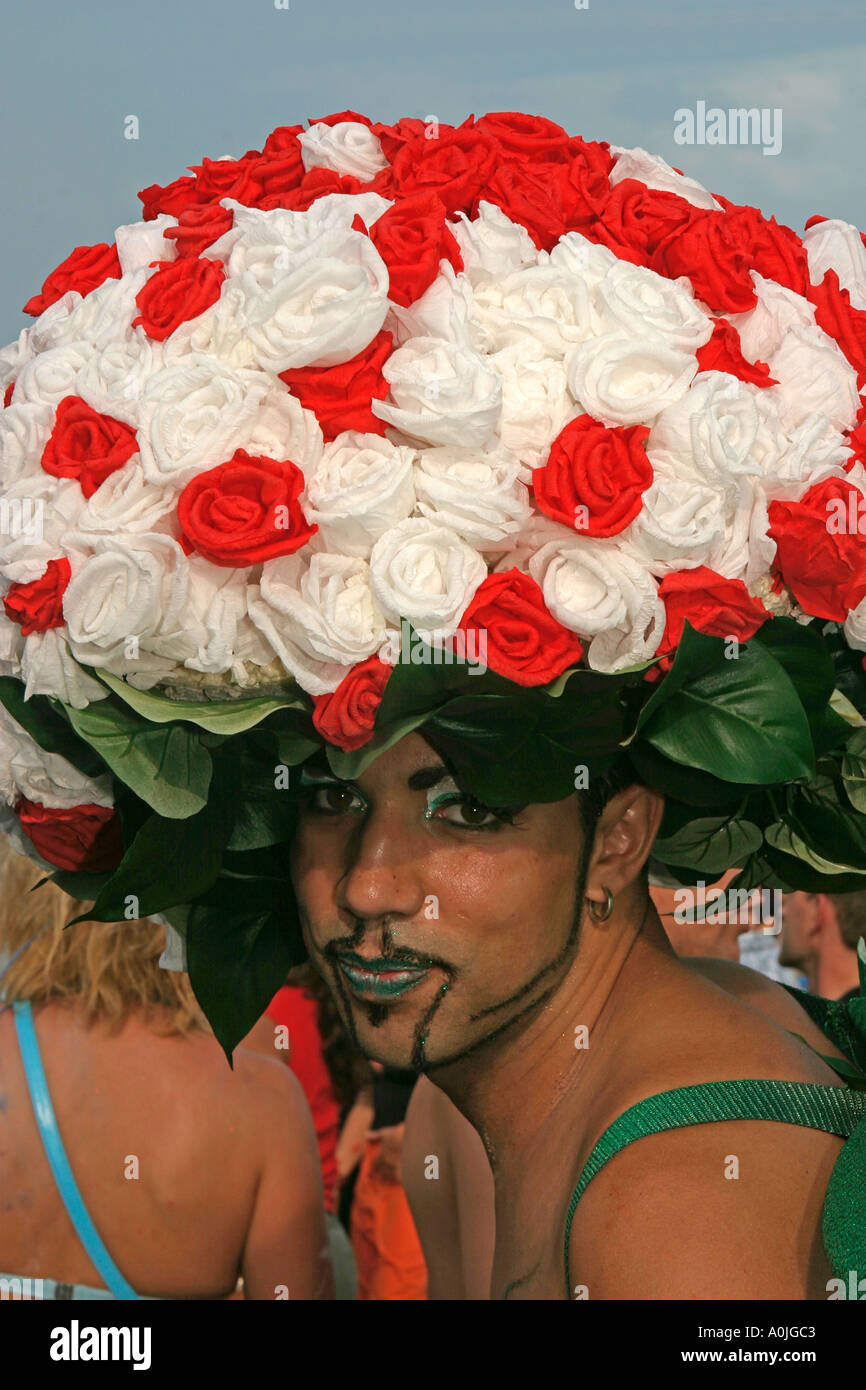 Switzerland Zurich street parade raver with hat of roses Stock Photo