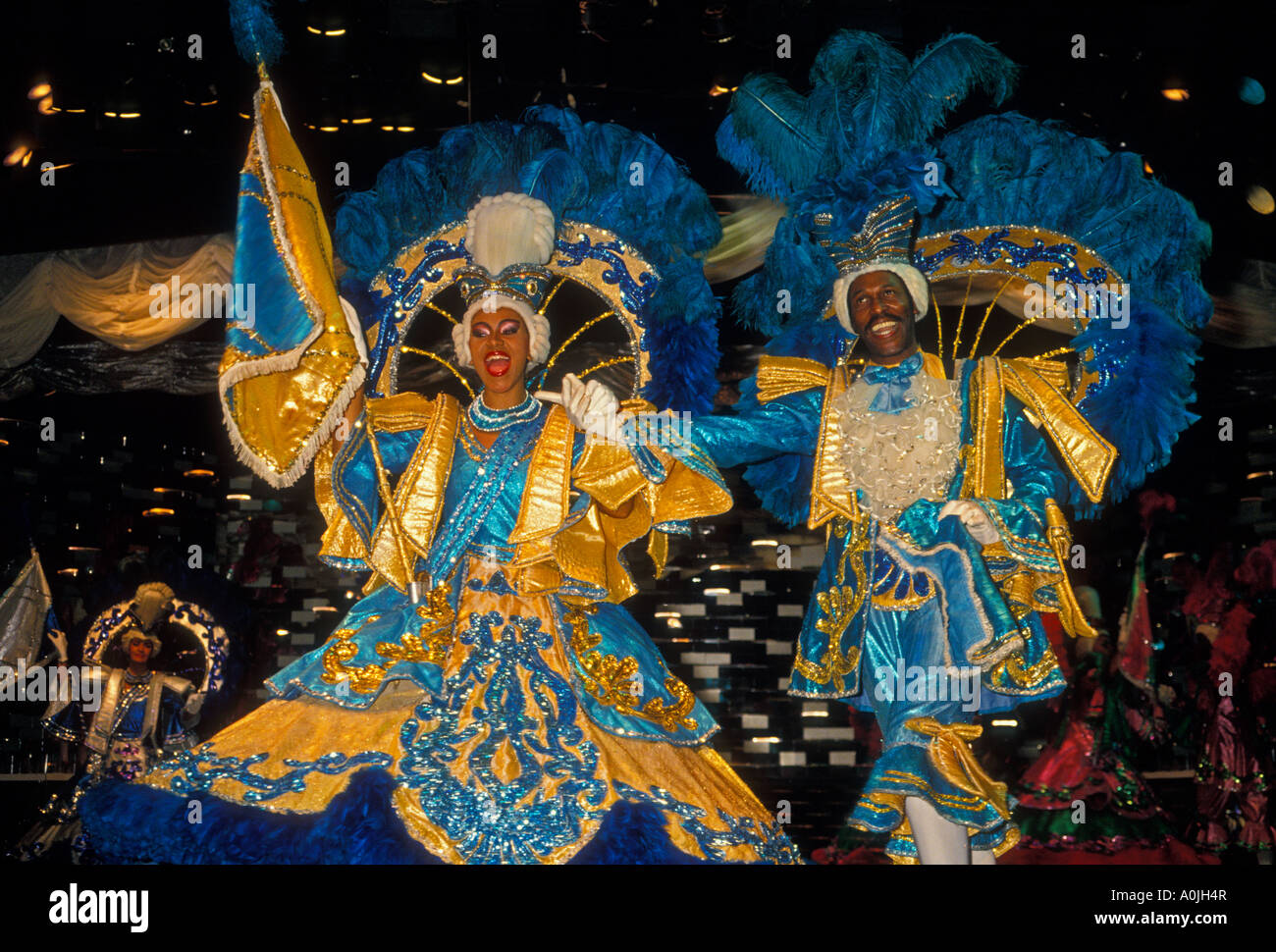 Brazilian woman, Brazilian man, dancers, carnival costume, nightclub performance, Rio de Janeiro, Rio de Janeiro State, Brazil, South America Stock Photo