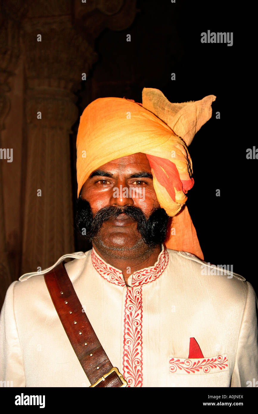 Doorman of the Laxmi Niwas Palace, also known as the Lalgarh Palace Hotel, Bikaner, Rajasthan, India Stock Photo