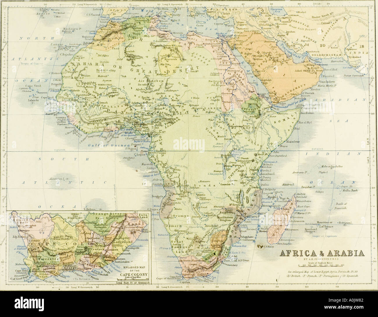 19th century map of Africa and Arabia. Engraved and printed in 1869 by W A K Johnston Stock Photo
