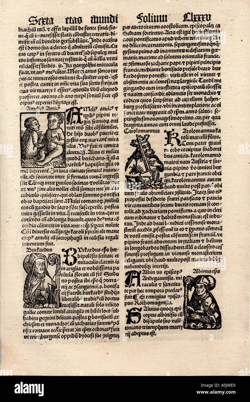 Original incunable leaf in Latin from Hartmut Schedel Liber Chronicorum. Printed by Schoensperger in 1497 Stock Photo