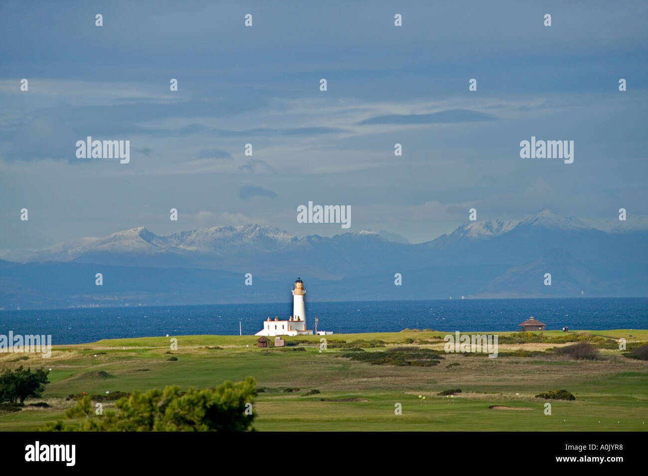Turnberry Golf Course and lighthouse with Arran behind, and the Clyde Estuary, West Scotland Stock Photo