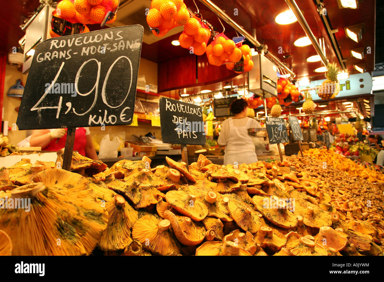 Mushrooms for sale on a market stall at the Mercat St Josep La Boqueria