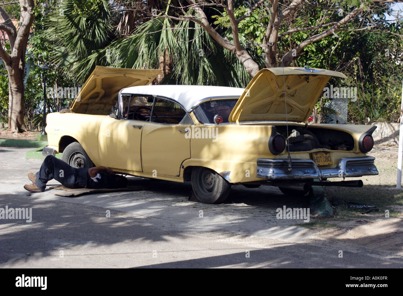 Maintenance is key to keeping the Classic American cars on the Cuban Roads Stock Photo