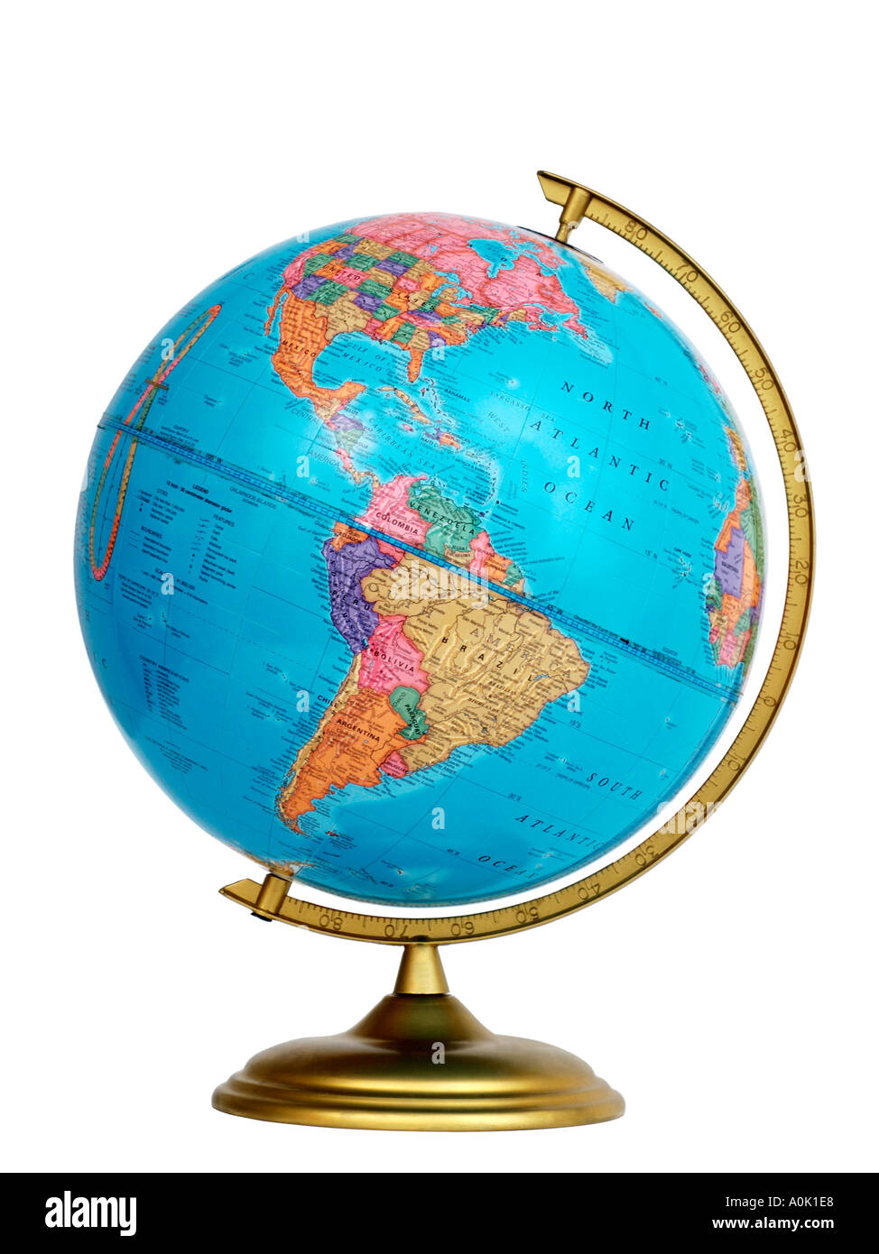 Side view of Globe showing North America and South America Stock Photo