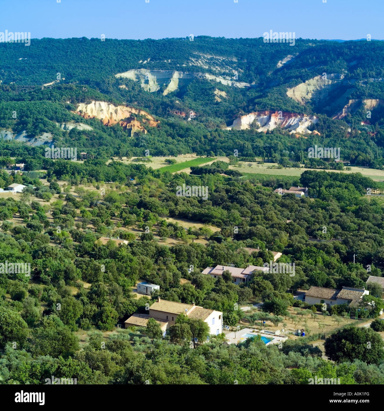 Aerial view of Rustrel valley and Colorado former ochre quarries in the