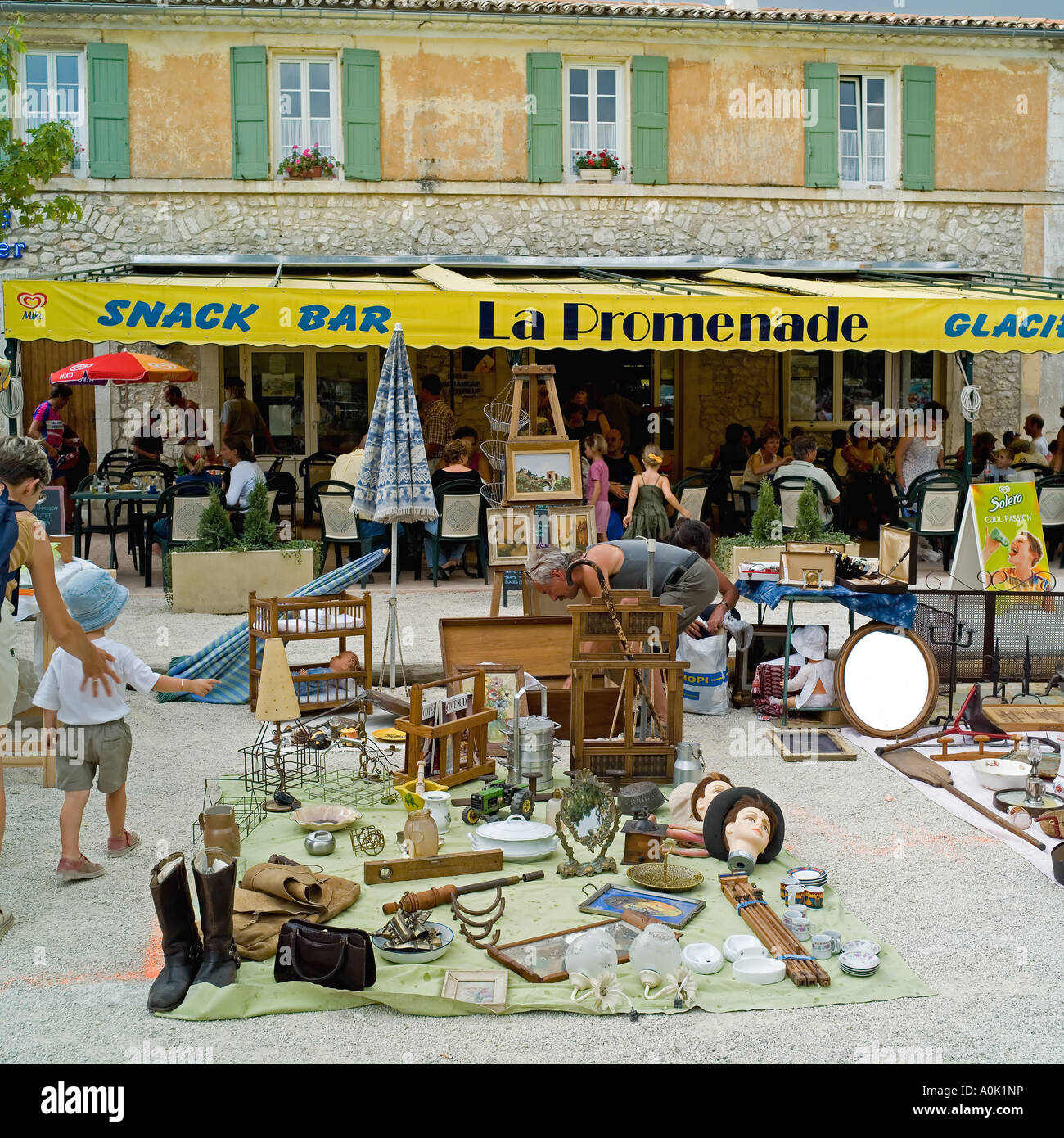Annual flea market, stall display, snack bar La Promenade, restaurant ...