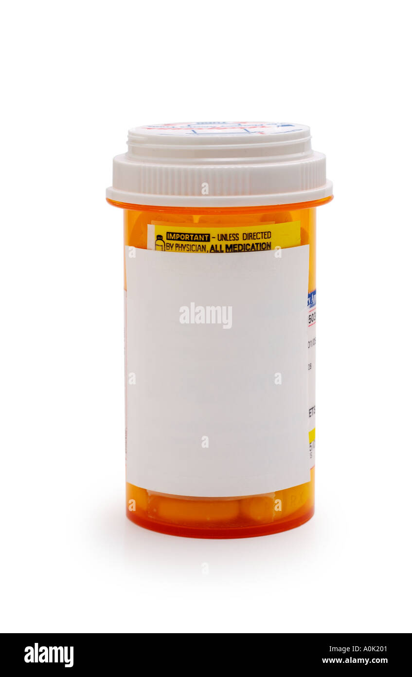 Pill bottle with blank white label Stock Photo