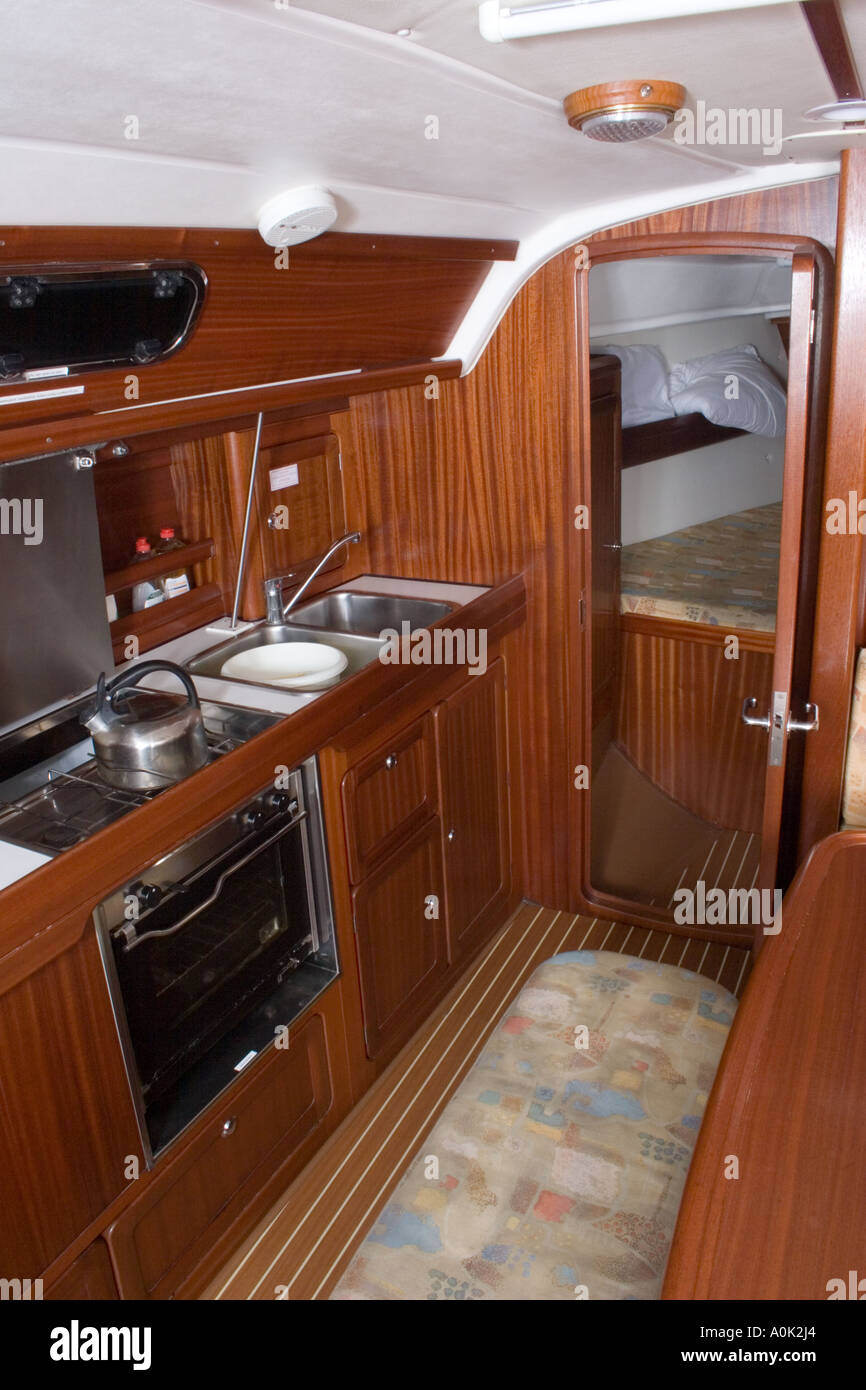 Boat Interior Small Kitchen Area With Oven And Sink The