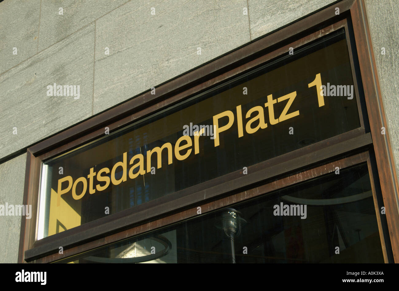 Sign on the office building Potzdamer Platz No. 1. Architect of the DaimlerChrysler building is Hans Kollhoff. Berlin 2005. Stock Photo