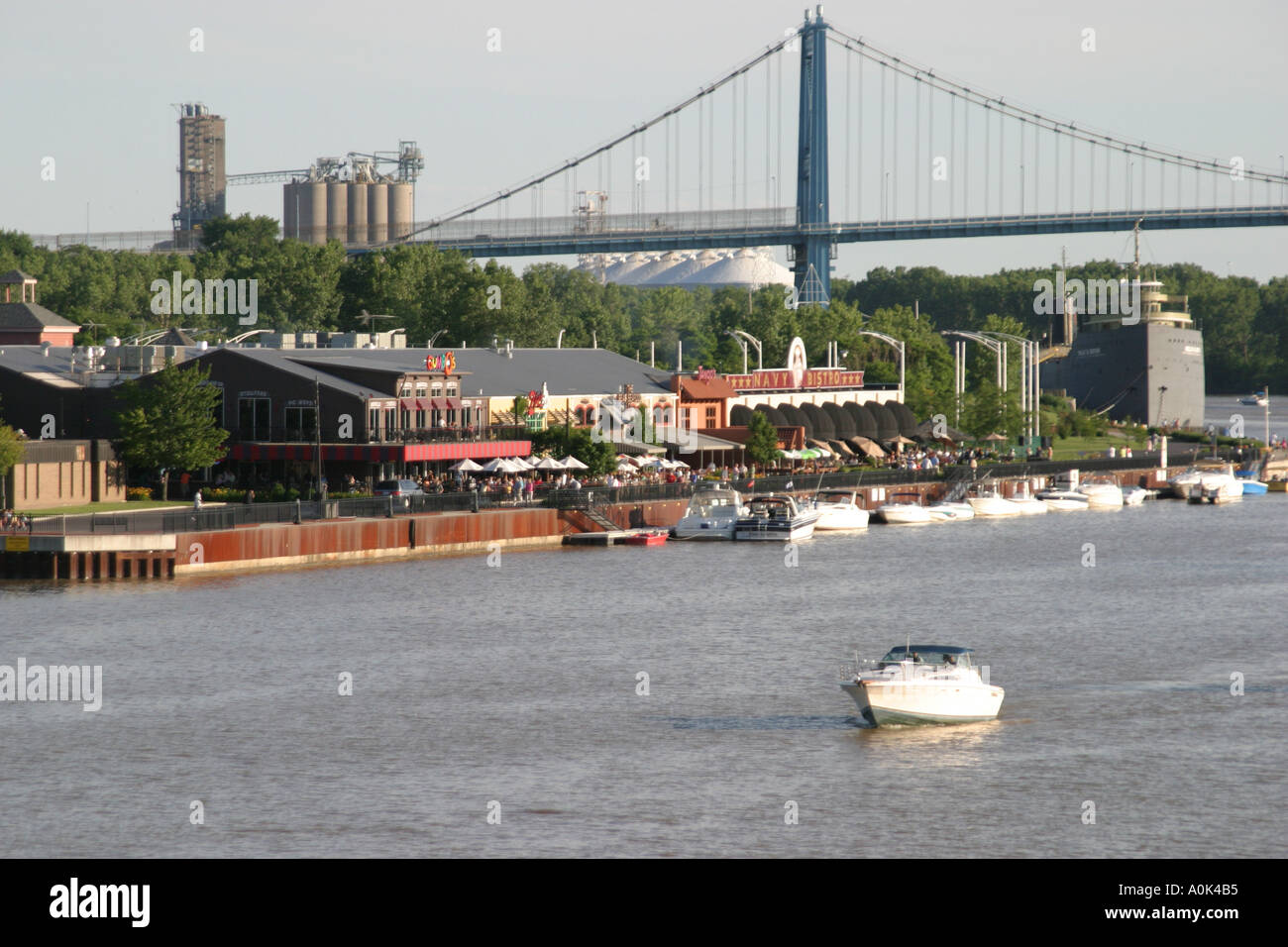 Toledo Ohio,Maumee River,water,watercourse,tributary,The Docks,High Level Bridge,overpass,link,connection,The Docks,boat,OH0620040098 Stock Photo