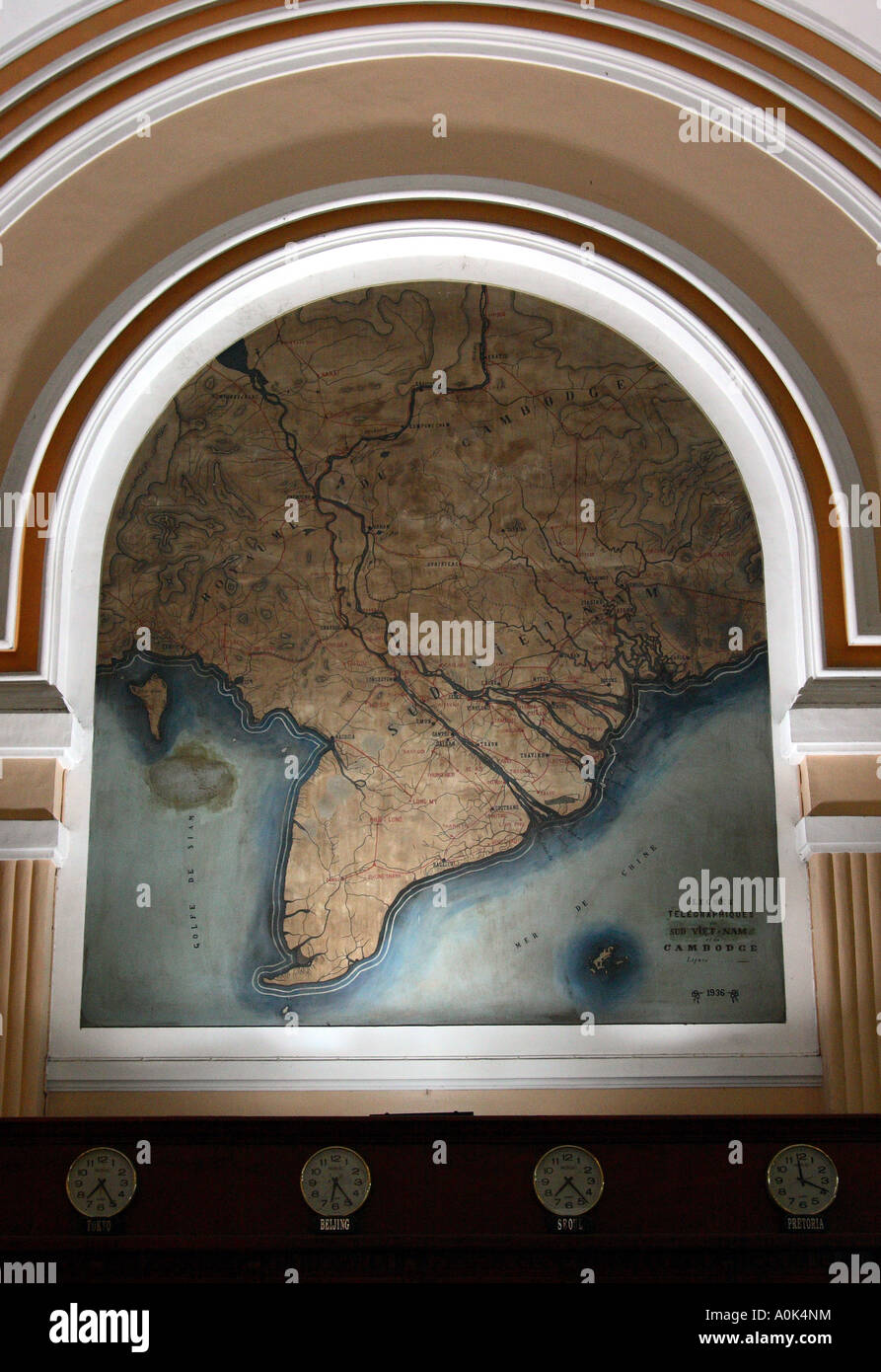 Colonial era French maps on the walls of the Central Post Office in Ho Chi Minh city, Vietnam Stock Photo