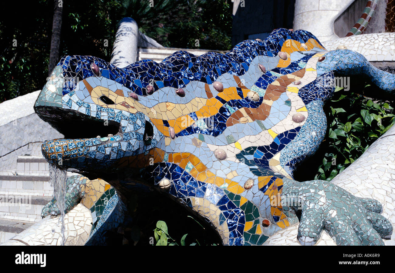 The Park Guell at Barcelona which was designed by Gaudi This is the famous Chameleon which stands at the entrance Stock Photo