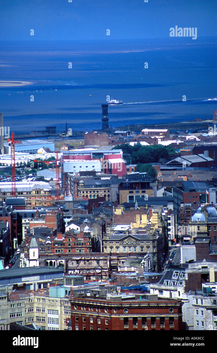 Aerial view of Liverpool UK looking out towards Stanley Docks with Victoria Tower in the background Stock Photo