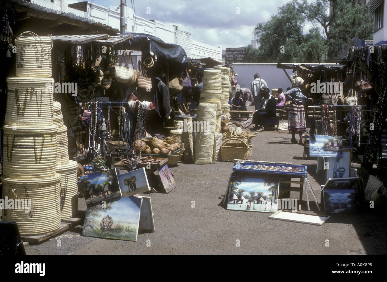 Market stalls selling souvenirs to tourists near Jamia Mosque Nairobi Kenya East Africa Stock Photo