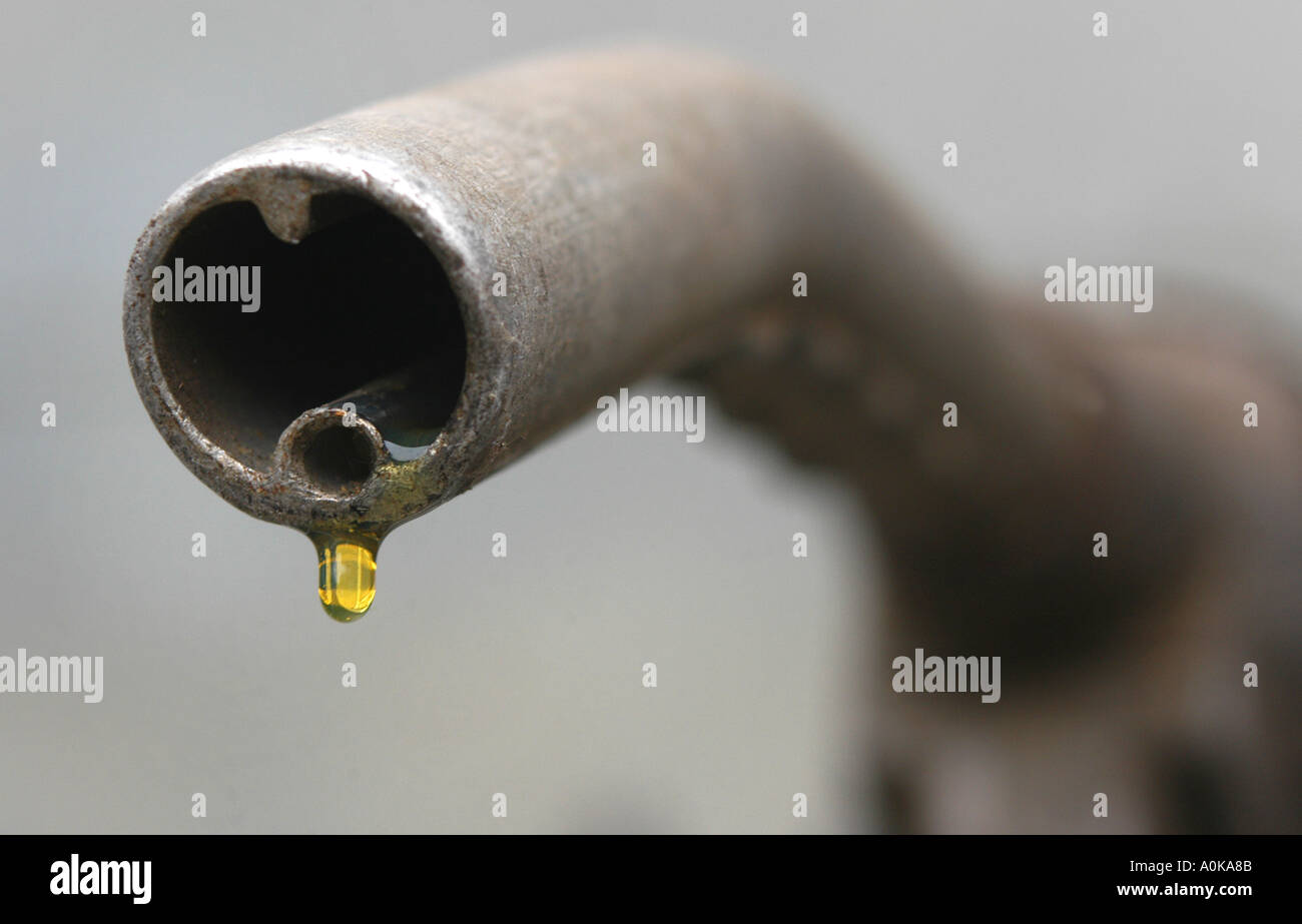 A petrol pump nozzle with fuel petrol coming out of the tip Stock Photo