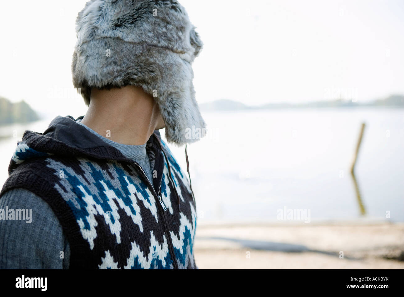 rear view of man looking at wintry lake Stock Photo