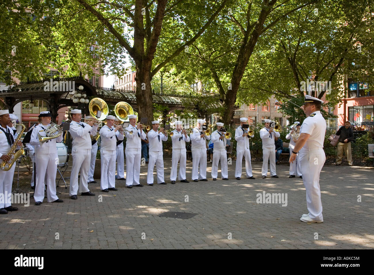 US Navy Band Northwest public display in Pioneer Square Seattle USA Stock Photo
