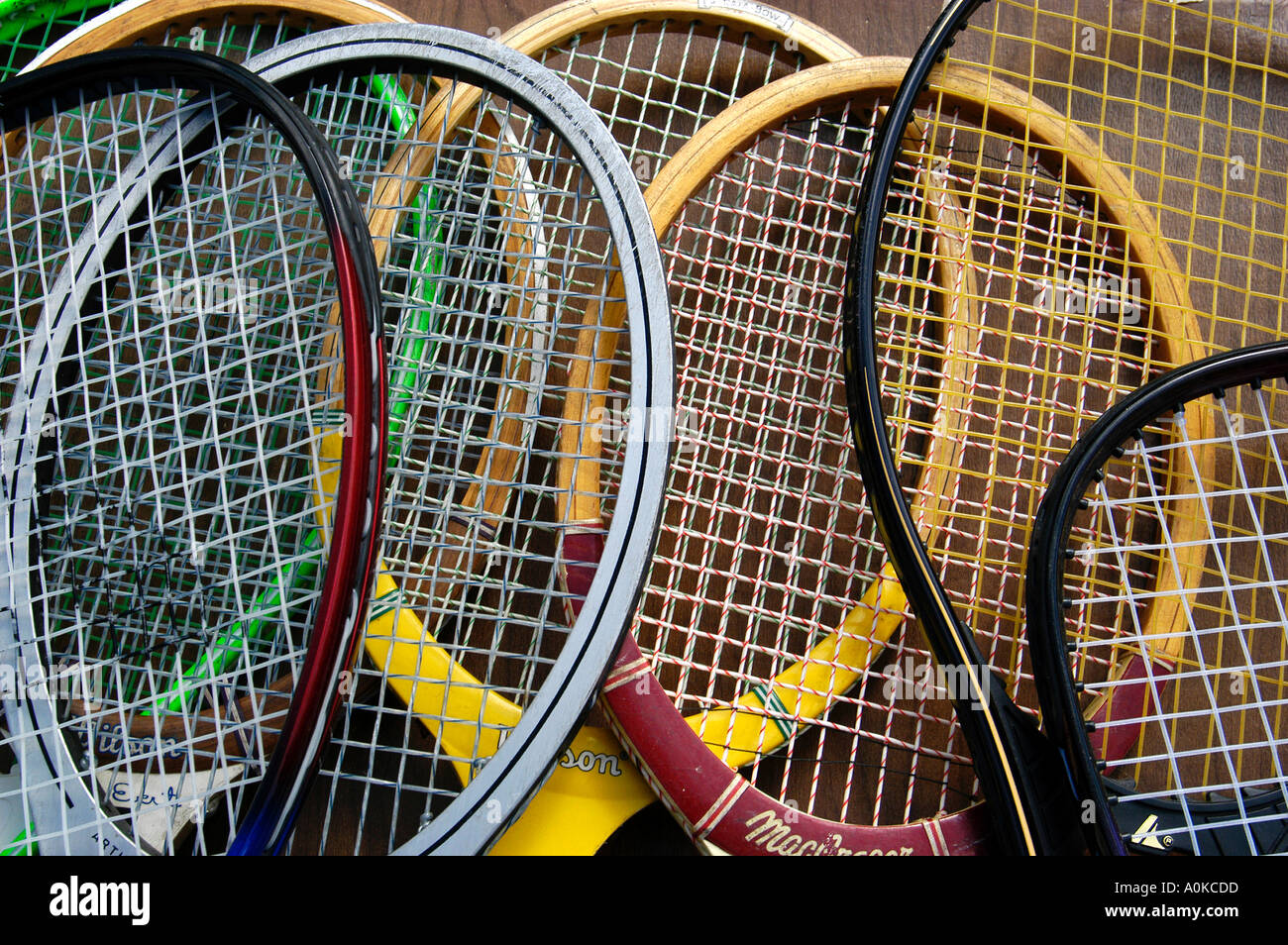 Patterns of Colorful Old Tennis Rackets Stock Photo