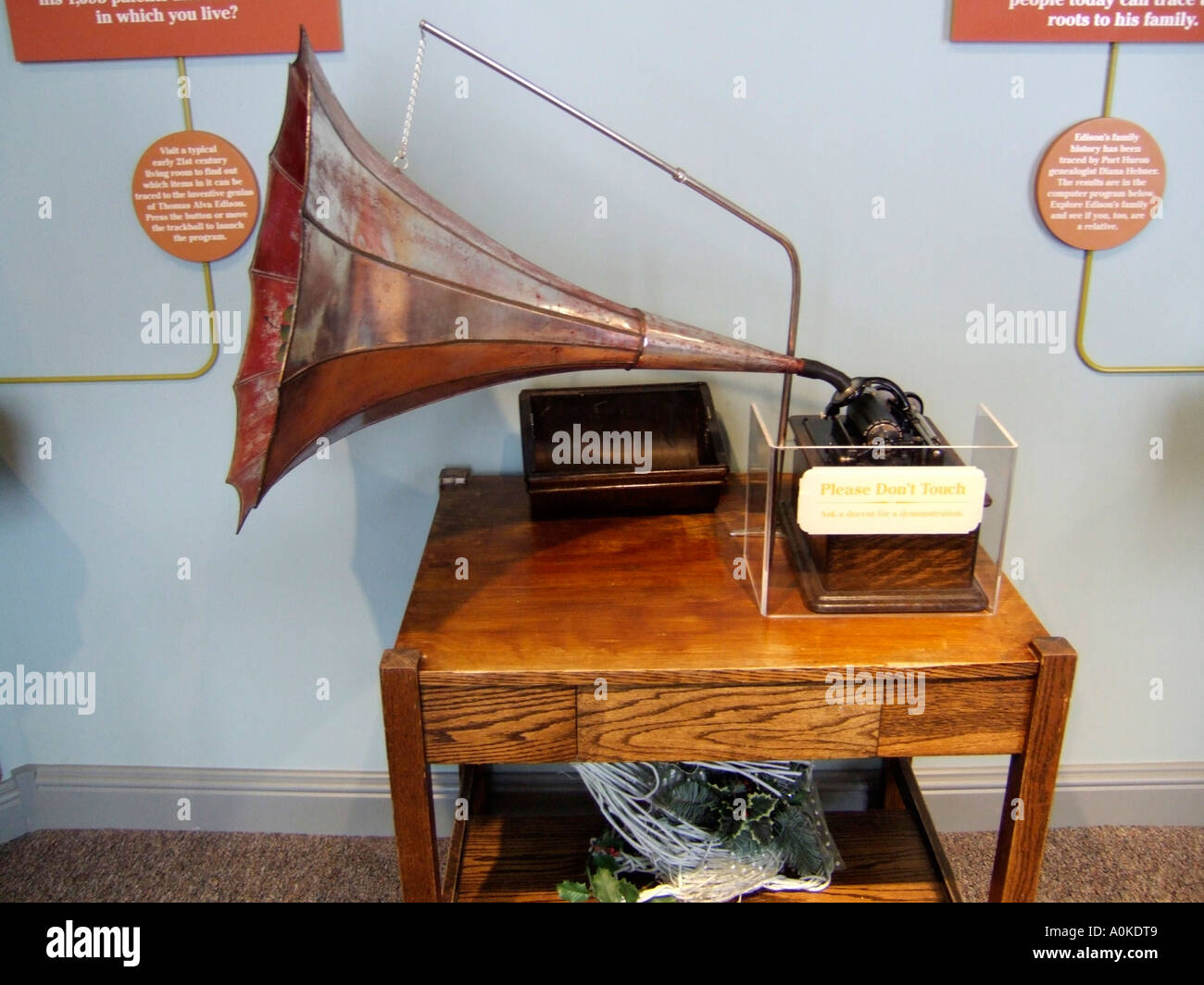 Early phonograph invented by Thomas Elva Edison is on display in a museum in his boyhood town of Port Huron Michigan Stock Photo