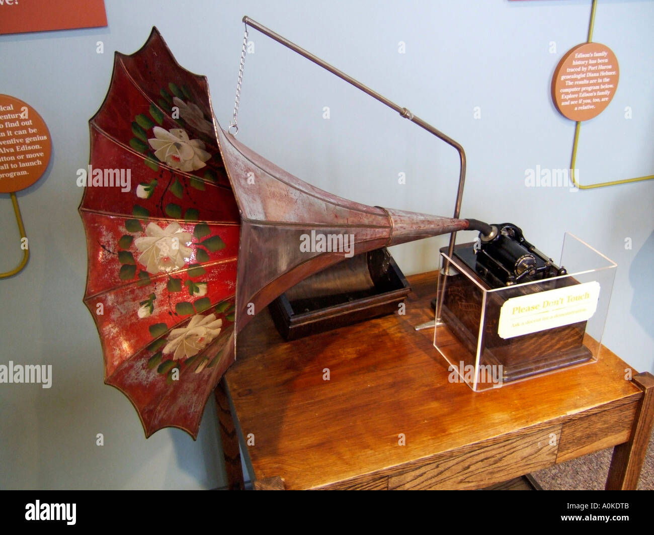 Early phonograph invented by Thomas Alva Edison is on display in a museum in his boyhood town of Port Huron Michigan Stock Photo