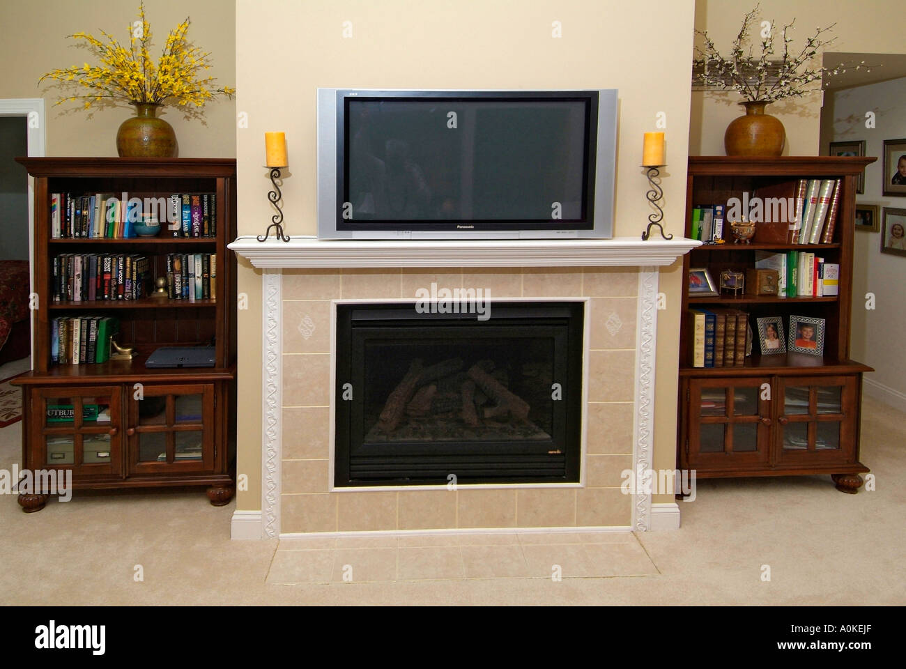 42 Inch Plasma Lcd Ed Flat Television Mounted Over A Fireplace In