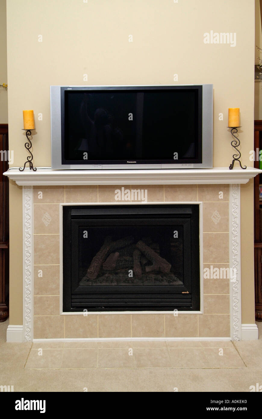 42 Inch Plasma Lcd Ed Flat Television Mounted Over A Fireplace In