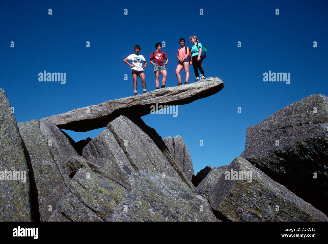 Walkers Standing On The Cantilever Rock Glyders Snowdonia North West Wales Stock Photo Alamy Walkers Standing On The Cantilever Rock Glyders Snowdonia North West Wales Stock Photo Alamy