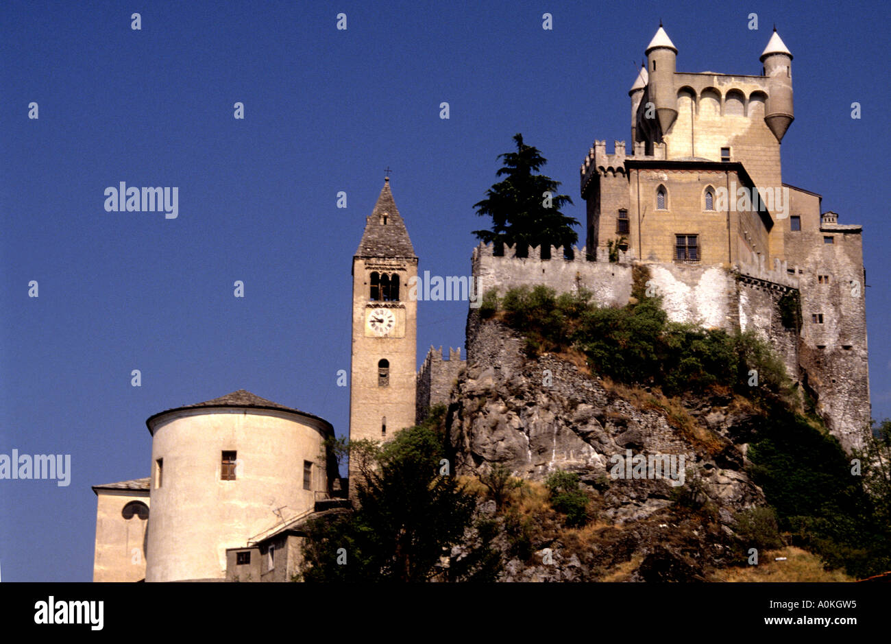 Aosta Valley Hilltop fort ,Castle Saint-Pierre in Northern Italy Stock Photo