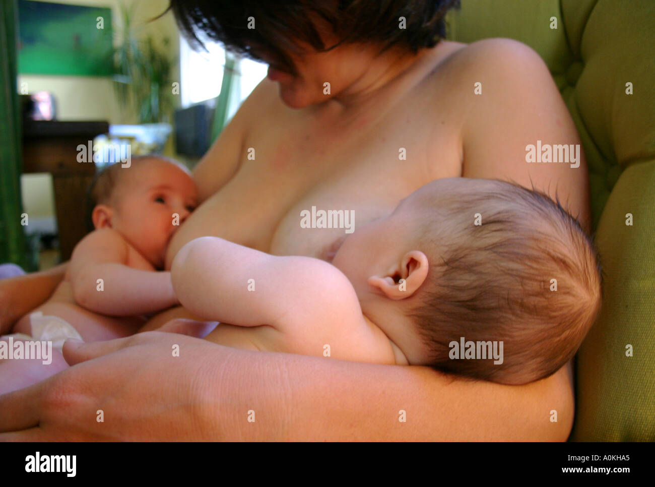 mother breastfeeding twin babies side view Stock Photo