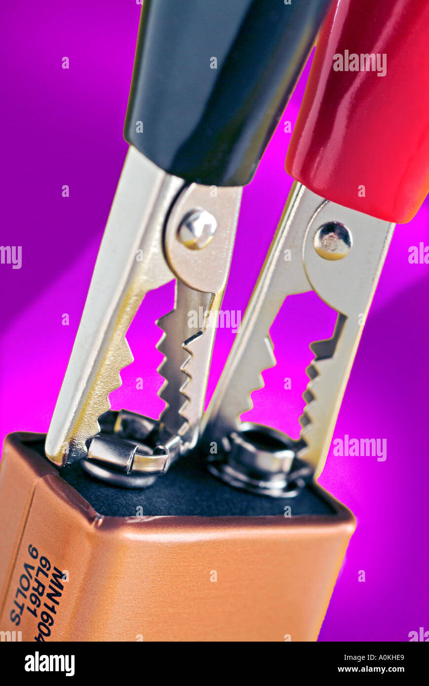 9 volt battery terminals with alligator clips Stock Photo - Alamy