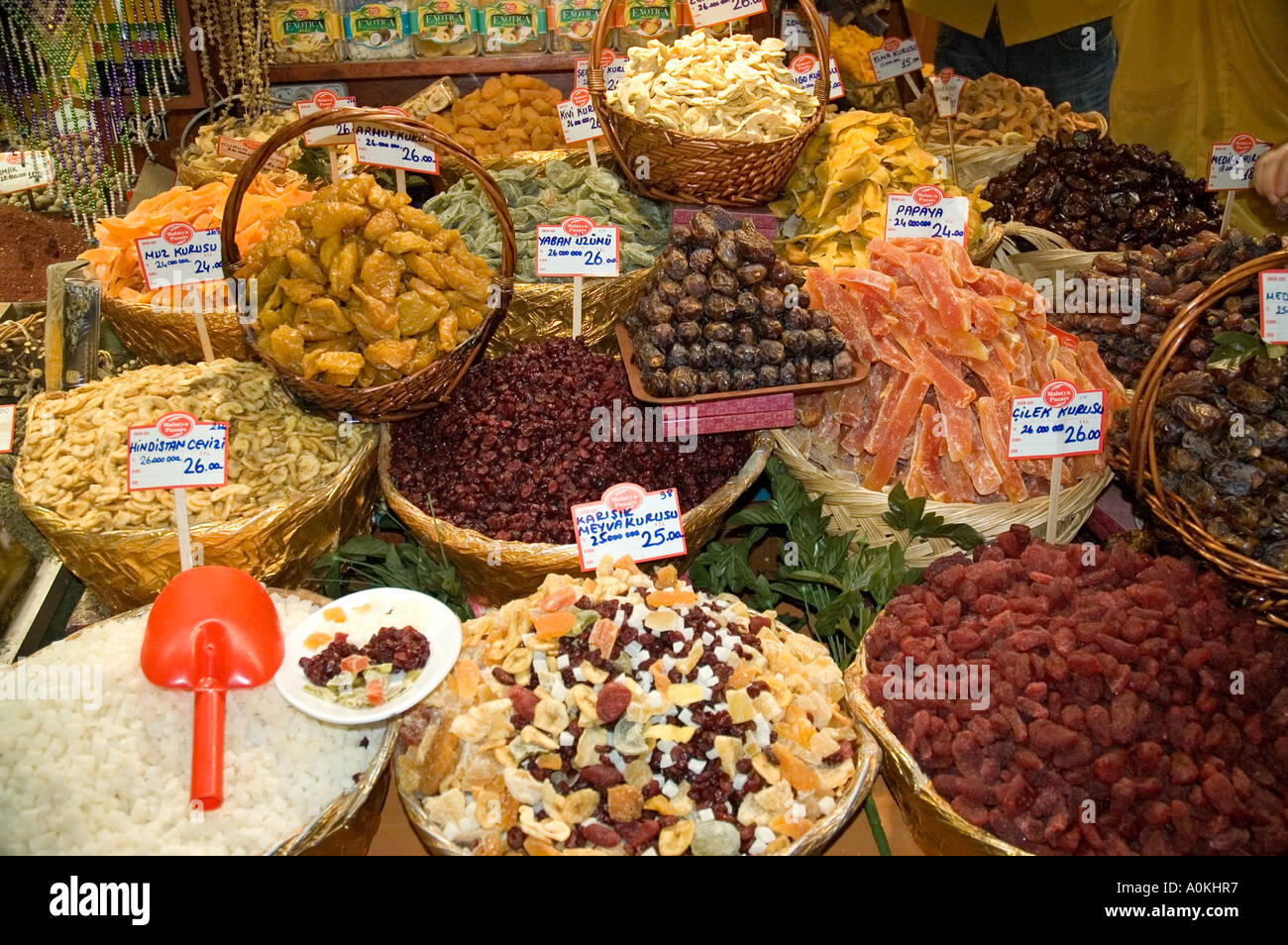 Baskets full of dried fruits, papaya, pawpaw, at the Egyptian Bazaar