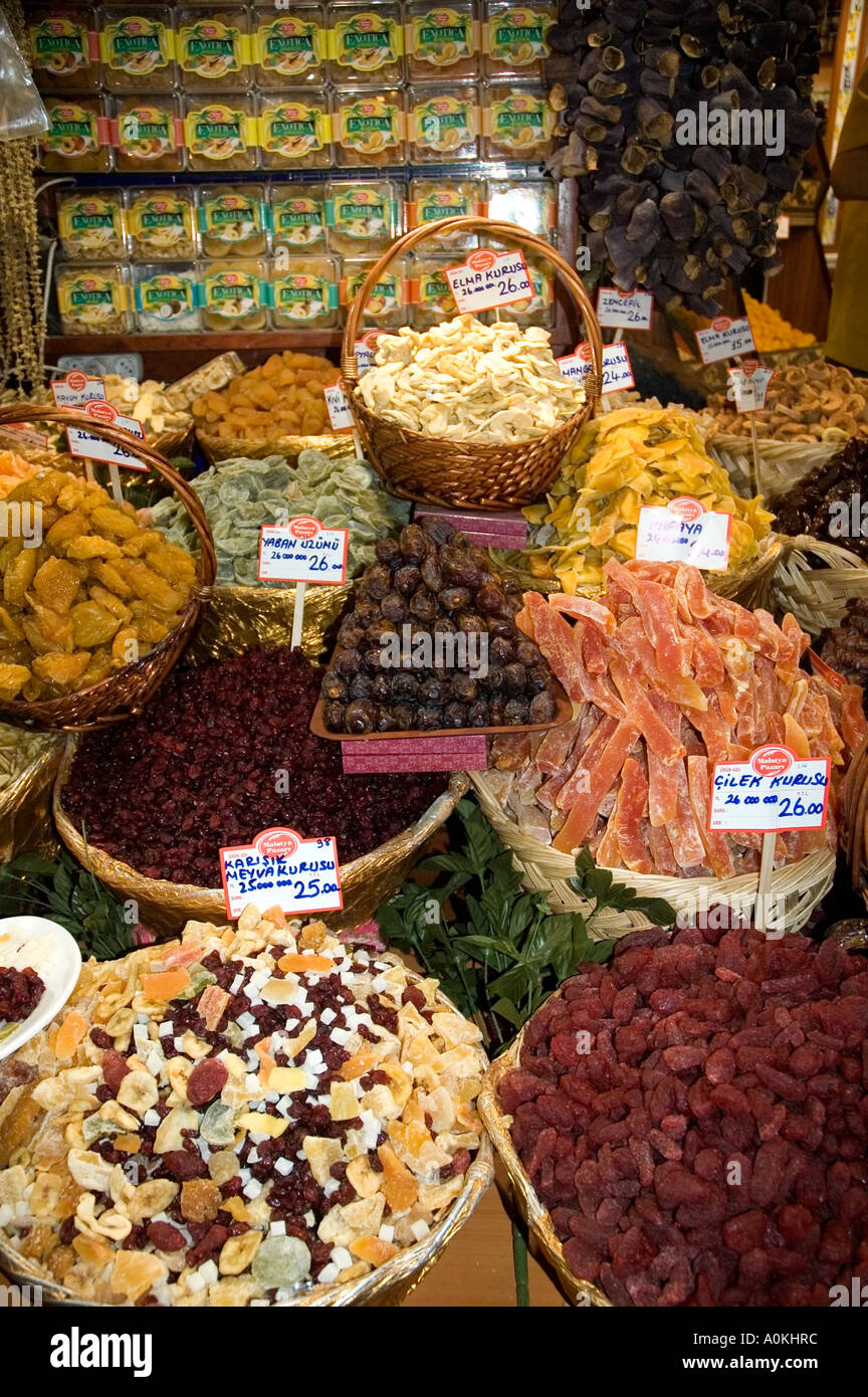 Baskets full of dried fruits, papaya, pawpaw, at the Egyptian Bazaar