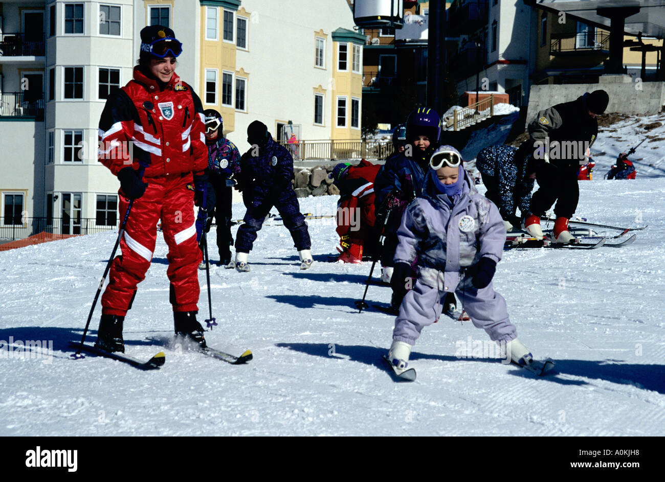 Young children learn to ski at the Mont Tremblant ski resort in Quebec Canada Stock Photo