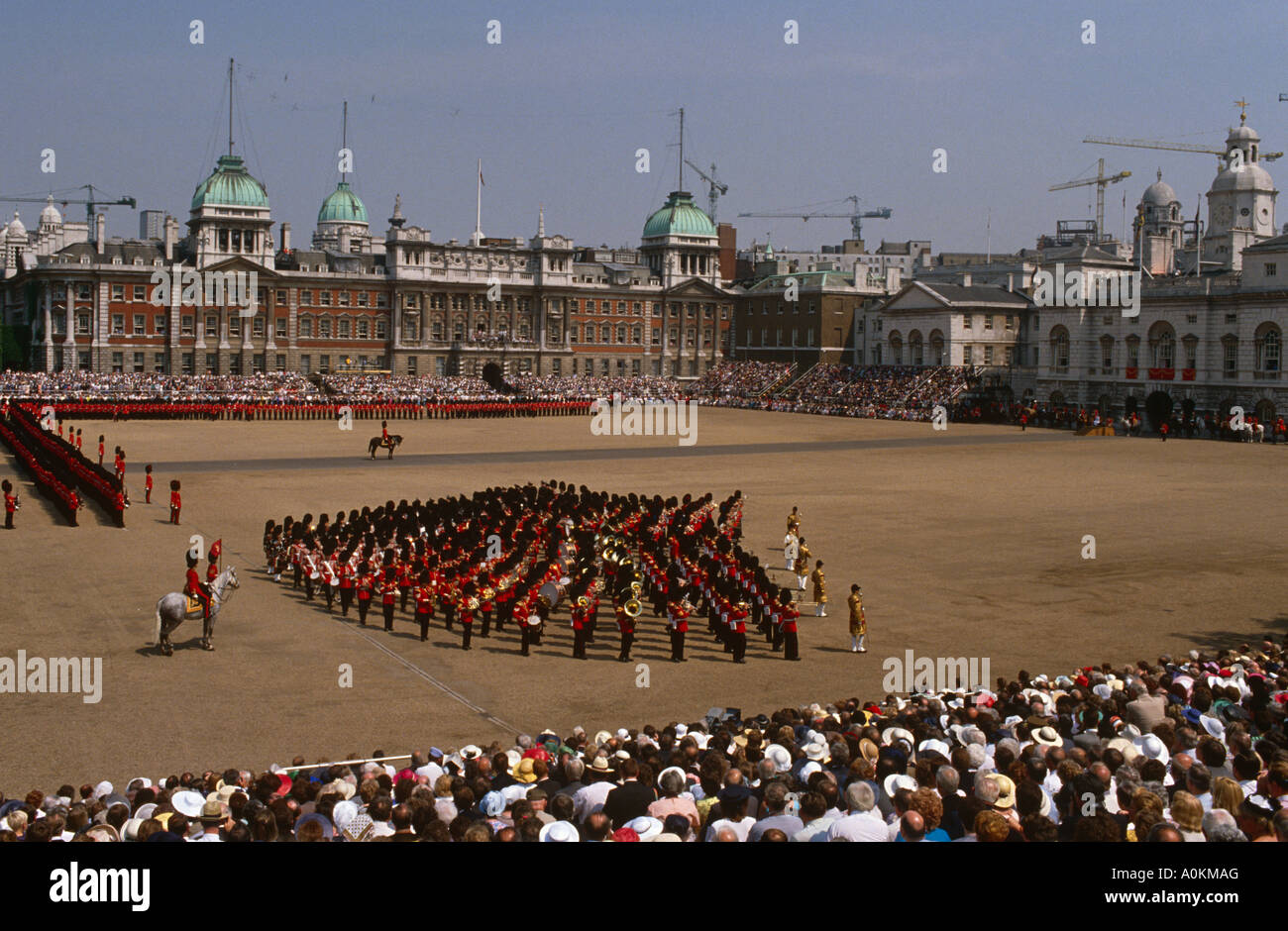 Trooping the Colour ceremony on Horse Guards Parade. The parade in front of the Queen takes place in June each year in London Stock Photo