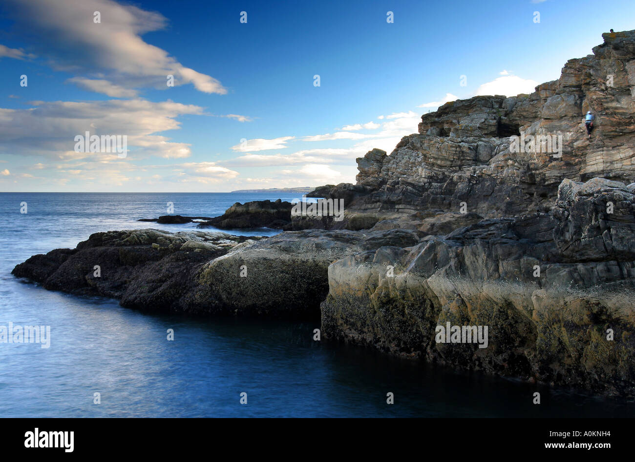 Landscape format image of North East Scotland's coastal cliffs with rock climbers on the faces. Stock Photo