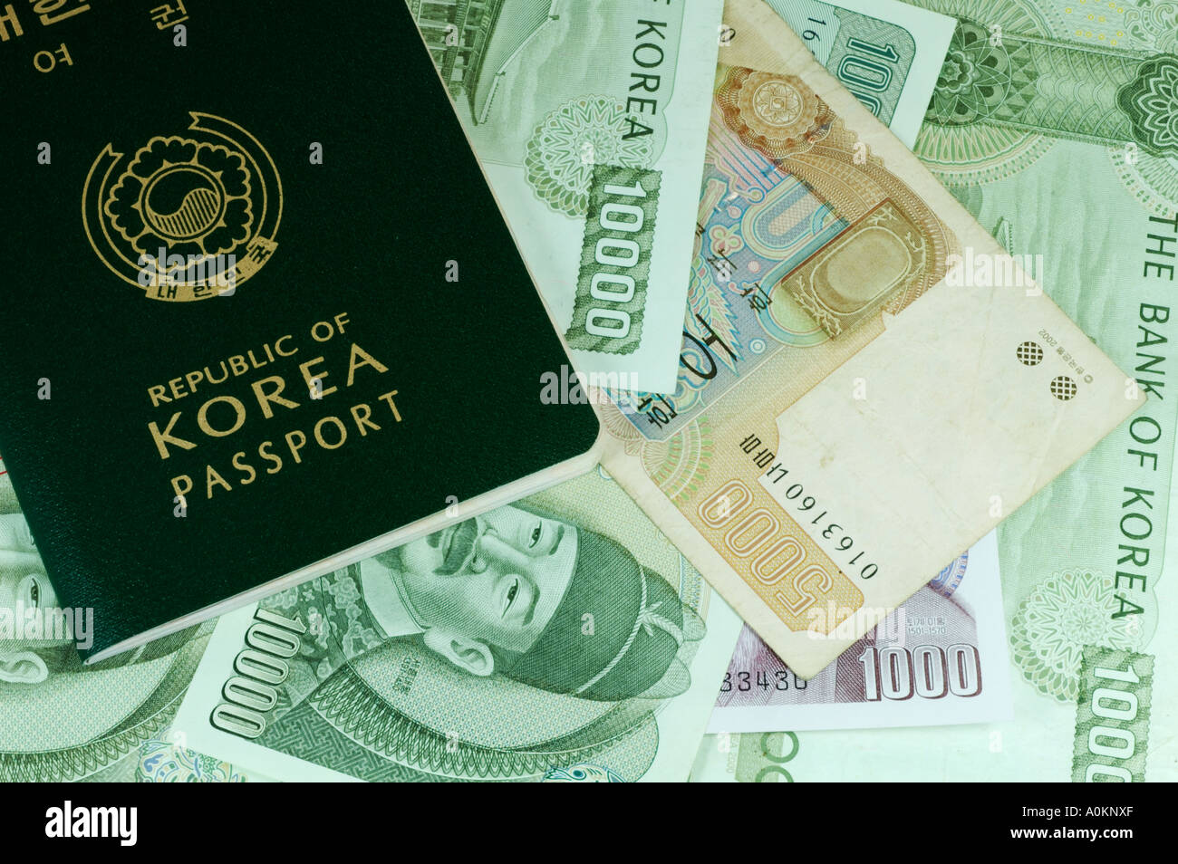 Korean passport and Korean currency Stock Photo