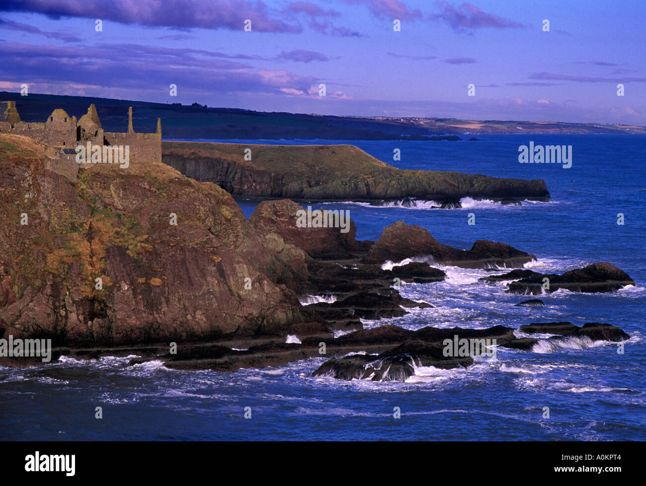 Dunnottar castle, Stonehaven, Scotland atop cliffs over looking the north east coastline into the distance. Stock Photo