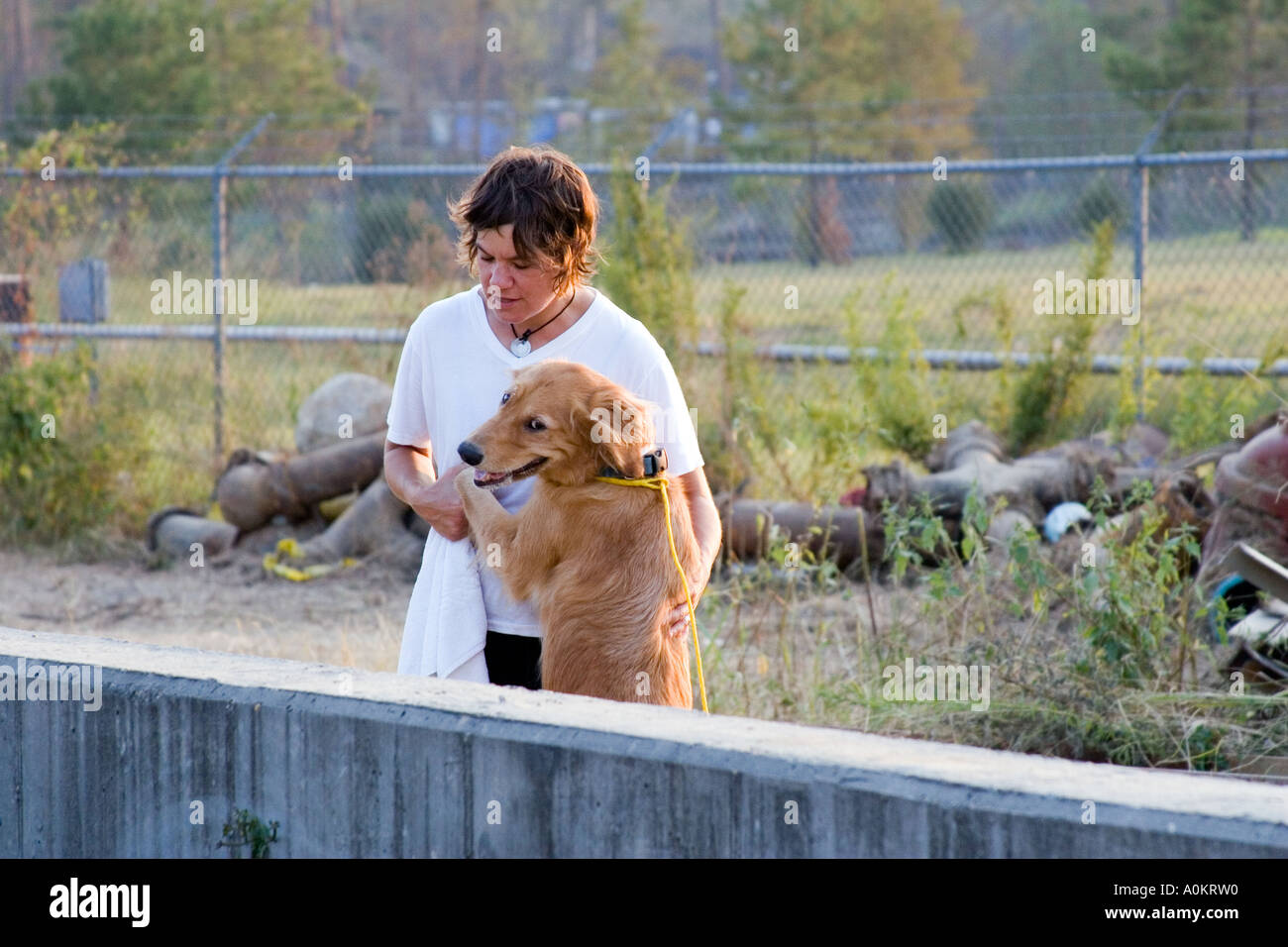 A happy dog jumps up on a volunteer at an emergency animal shelter in Slidell Louisiana Stock Photo