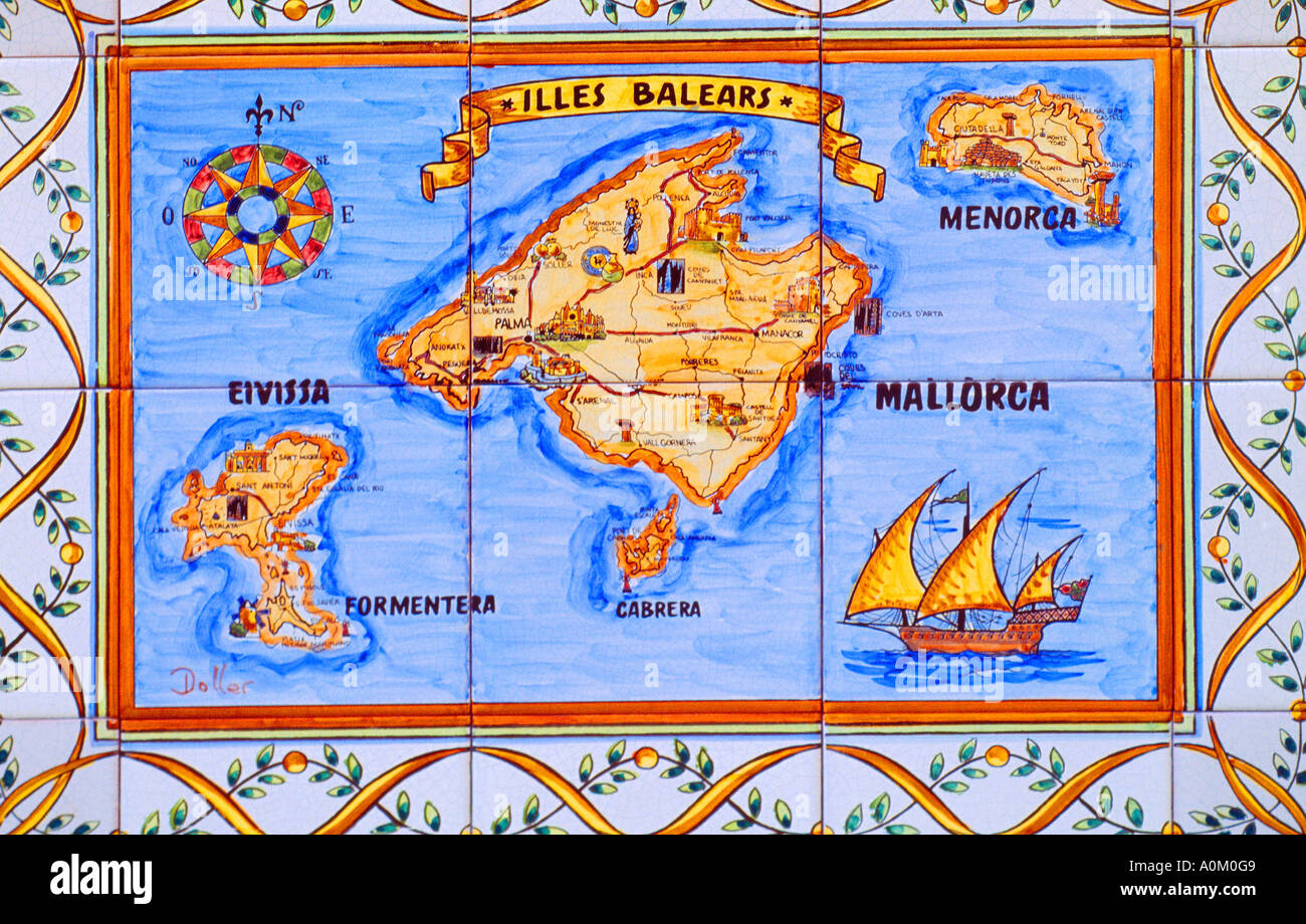 Ciutadella Menorca Spain Tiled Map of Balearic Islands - Mallorca ( Majorca ) Menorca Ibiza Formentera Stock Photo