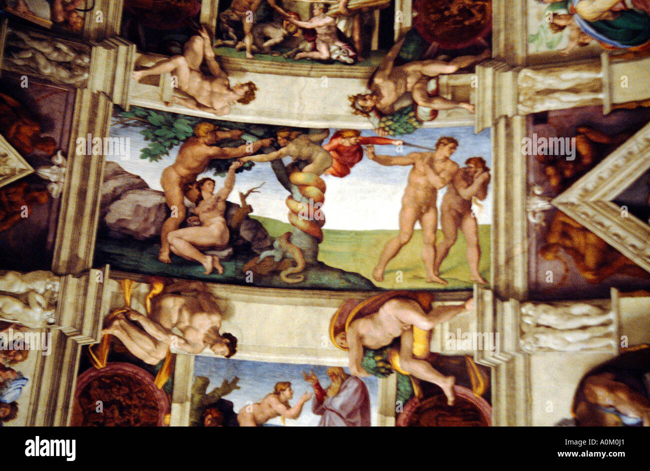 Rome Italy Adam & Eve Fresco Sistine Chapel Ceiling - The Fall of Man & Expulsion from Eden Stock Photo