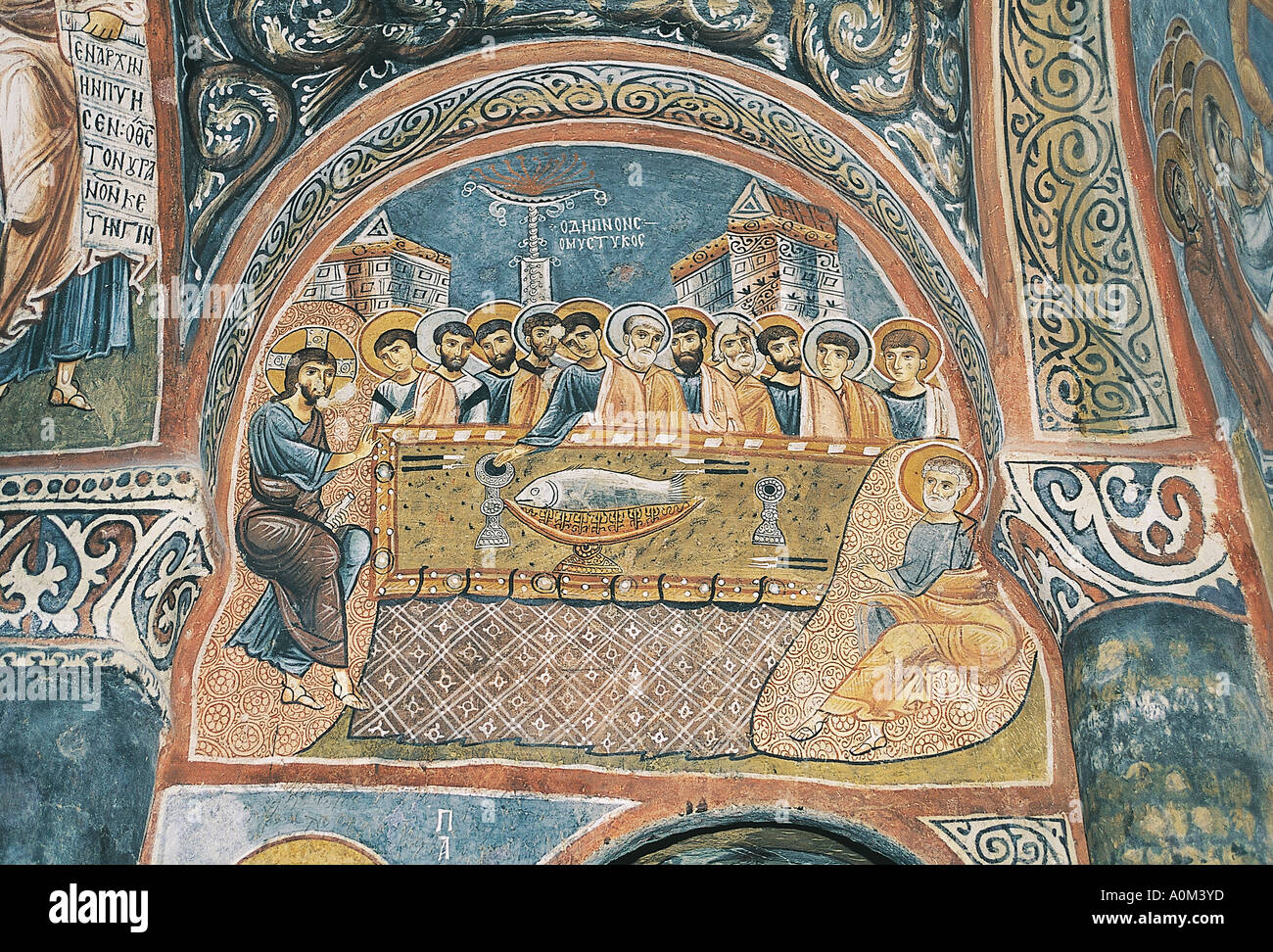 Fresco depicting Last Supper on the wall of Karanlik Church Cappadocia Turkey Stock Photo